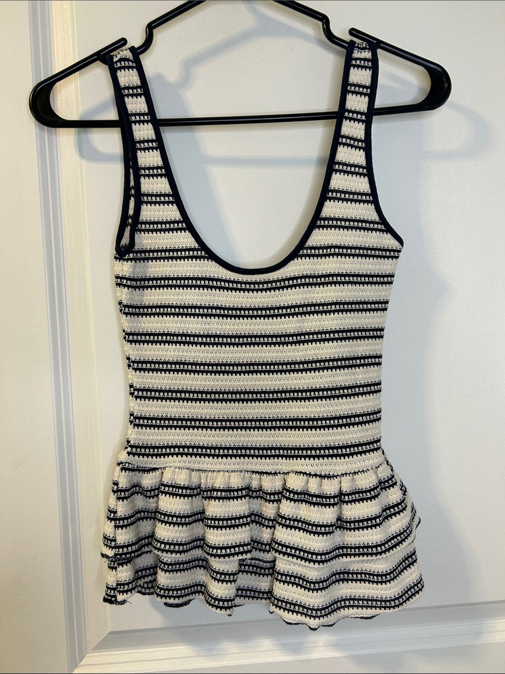 H&M Black and White Striped Knit Peplum Tank Top